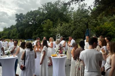 Groupe de personnes en tenue blanche discutant autour de tables hautes en extérieur, avec des arbres en arrière-plan.