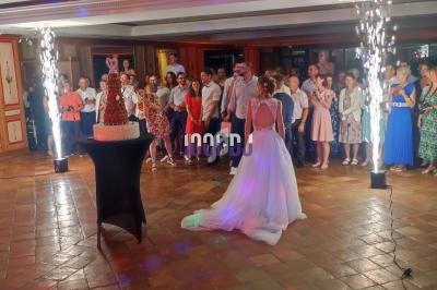 Une mariée en robe blanche regarde un gâteau de mariage entourée d'invités dans une salle éclairée.