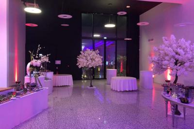 Salle décorée avec des lumières violettes, un arbre artificiel blanc et un mur floral, avec deux personnes présentes.