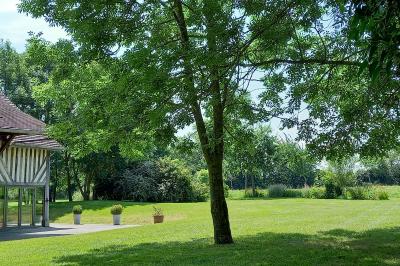 Voiture ancienne rouge décorée de fleurs blanches et feuillages, stationnée devant un bâtiment à colombages.