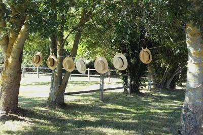 Voiture ancienne rouge décorée de fleurs blanches et feuillages, stationnée devant un bâtiment à colombages.