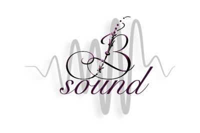 Logo avec le texte ’B sound’ en écriture cursive, sur fond de vague sonore grise stylisée.