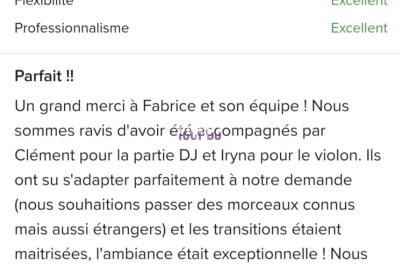 Capture d'écran d'un avis client positif mettant en avant la qualité d'un service musical lors d'un événement.