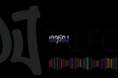 Logo avec le mot ’DJ’ stylisé en grand, accompagné de ’1001 DJ’ et d'une onde sonore colorée sur fond noir.