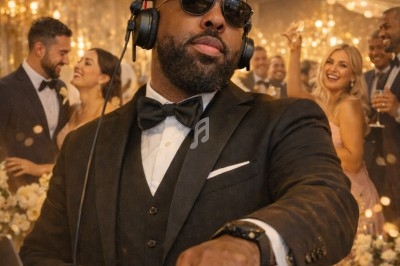 Un DJ en smoking mixe lors d'une soirée festive avec des invités élégants célébrant le Nouvel An 2026.