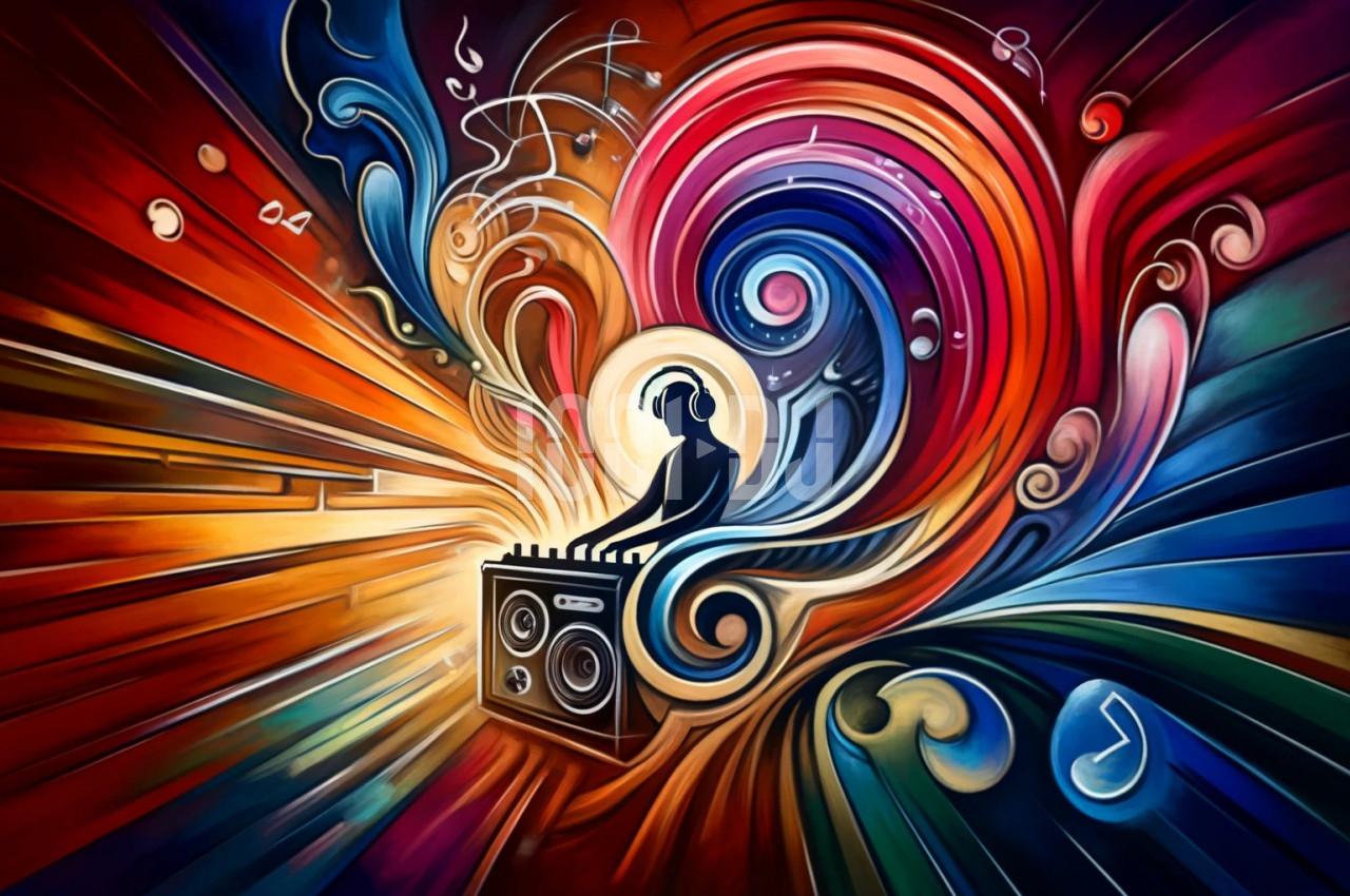 Illustration abstraite d'un DJ mixant sur une console, entouré de motifs colorés évoquant la musique et le mouvement.
