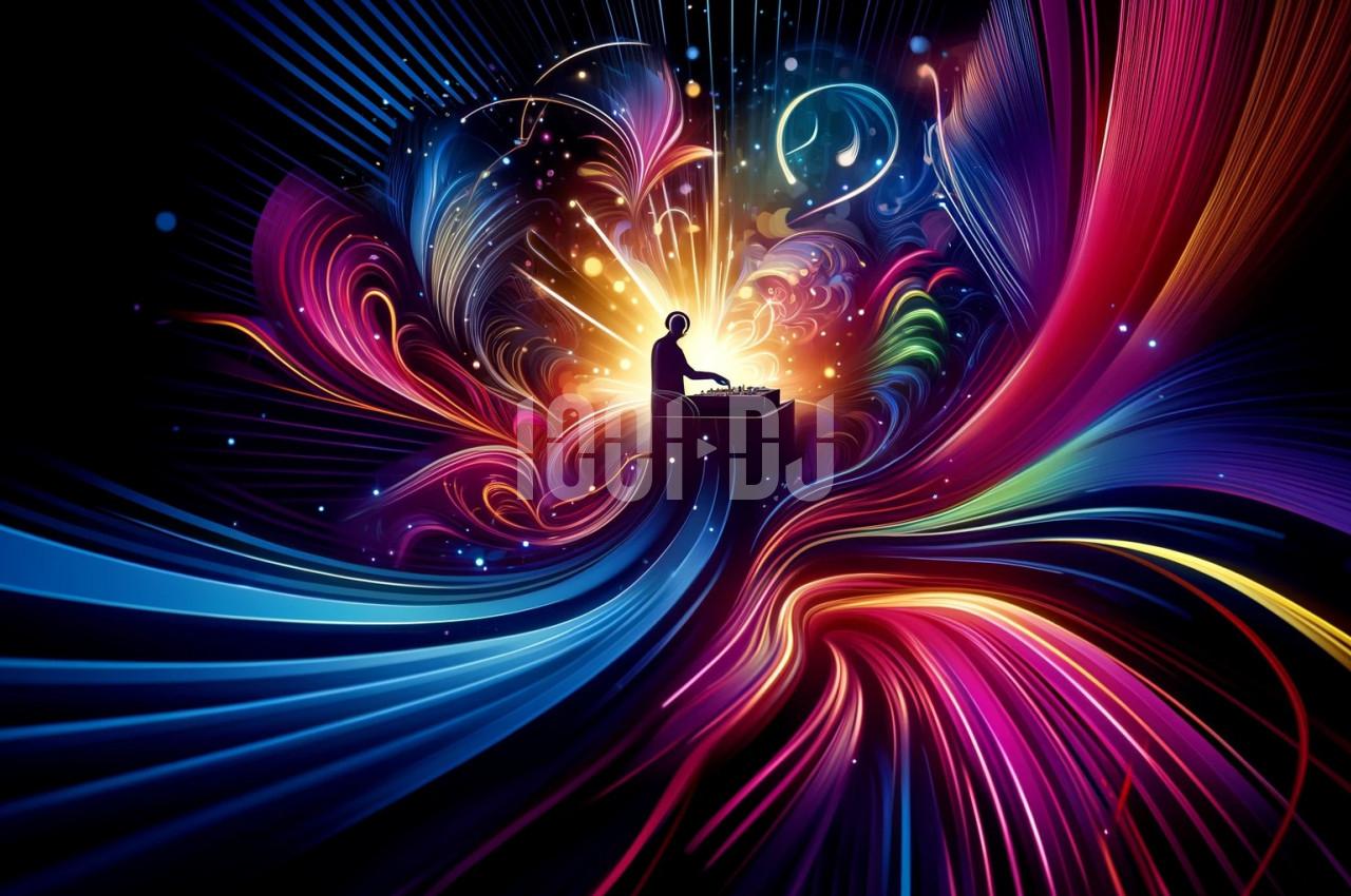 Silhouette d'un DJ mixant sur une console, entouré de vagues lumineuses et colorées dans un décor abstrait.