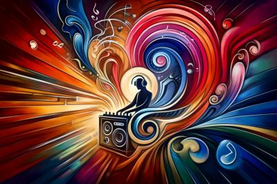 Un DJ mixe sur une scène illuminée par des faisceaux colorés, face à une foule dansante dans une ambiance festive.