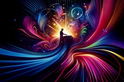 Un DJ mixe sur une scène illuminée par des faisceaux colorés, face à une foule dansante dans une ambiance festive.