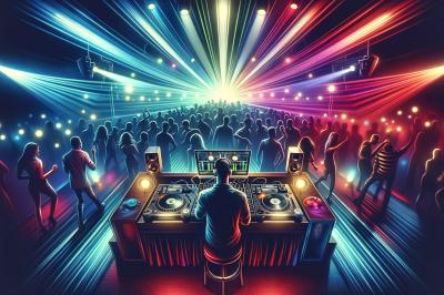 Un DJ mixe sur une scène illuminée par des faisceaux colorés, face à une foule dansante dans une ambiance festive.