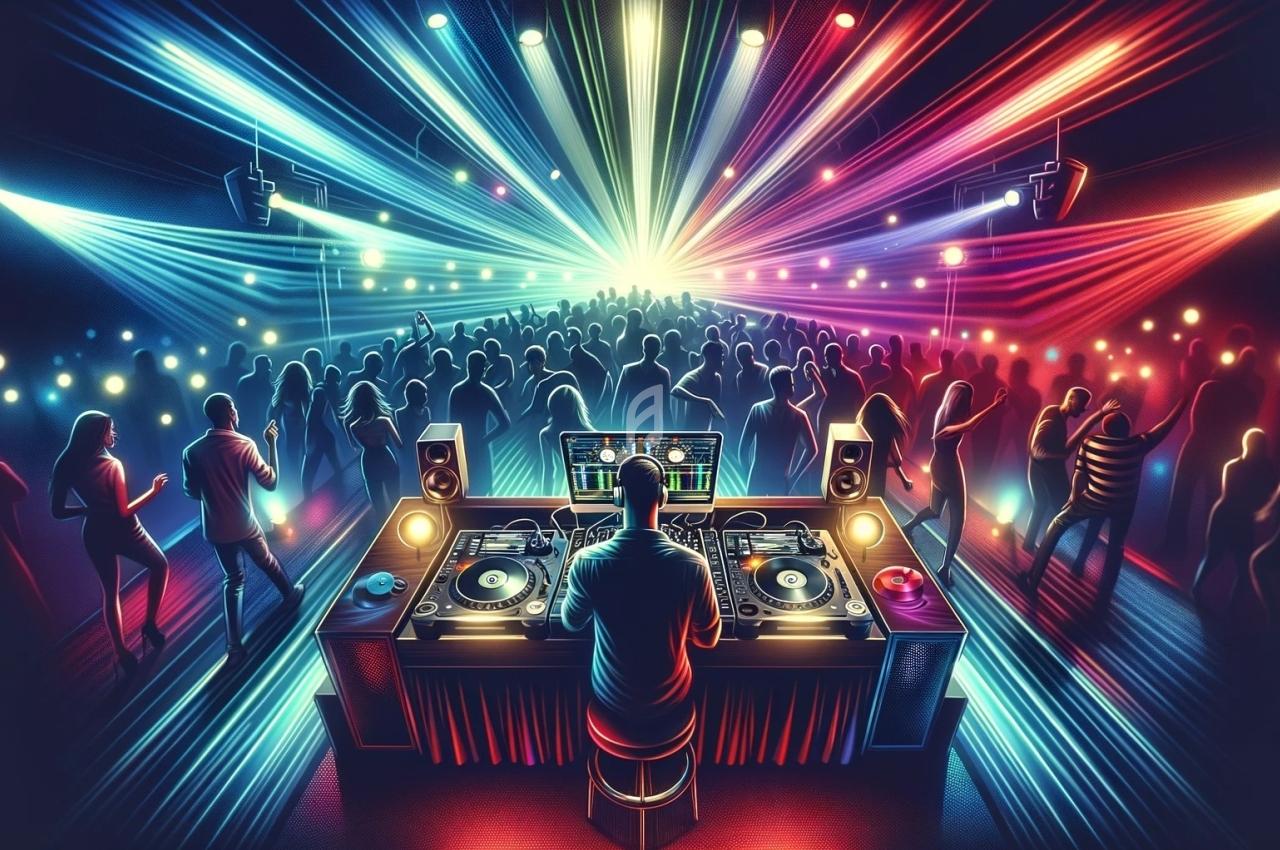 Un DJ mixe sur une scène illuminée par des faisceaux colorés, face à une foule dansante dans une ambiance festive.