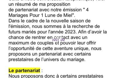 Capture d'écran d'un email décrivant un partenariat pour l'émission ’4 Mariages pour une Lune de Miel’ sur TF1.