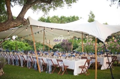 Tables dressées sous une tente blanche dans un jardin, décorées de fleurs bleues et éclairées par des guirlandes lumineuses.