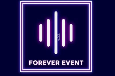 Logo avec des barres lumineuses verticales violettes et blanches, accompagné du texte ’Forever Event’ en bas.