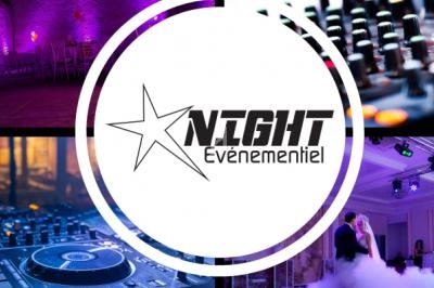 Montage d'images illustrant une soirée événementielle avec éclairages colorés, tables, DJ et couple dansant.