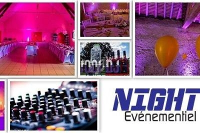 Montage d'images montrant des salles éclairées en lumière colorée, ballons, matériel DJ et décorations festives.