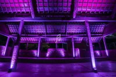 Structure en bois d'une halle éclairée par des lumières violettes, avec un toit en tuiles et des piliers en pierre.