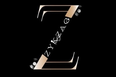 Lettre Z stylisée en beige et noir avec des disques vinyles aux extrémités et le mot ’Zykzag’ inscrit en diagonale.