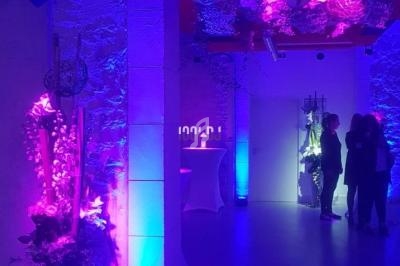 Espace intérieur décoré de fleurs et éclairé par des lumières violettes et bleues, avec quelques personnes en arrière-plan.