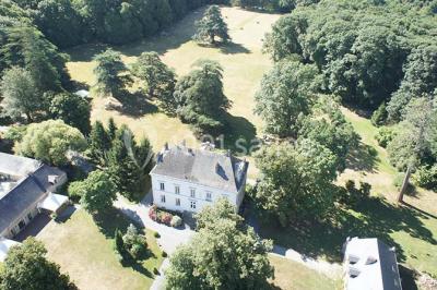 Étang calme entouré d'arbres avec un bâtiment blanc visible en arrière-plan sous un ciel bleu.
