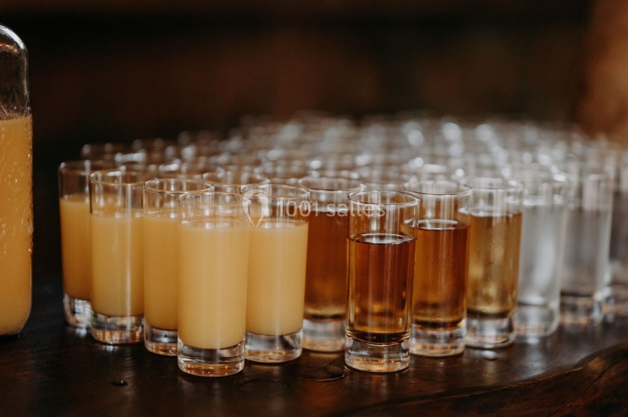 Rangée de verres remplis de différentes boissons, alignés sur une table en bois sombre.