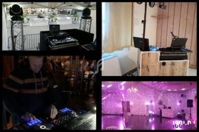 Montage de quatre photos montrant des équipements de DJ, une salle éclairée et une personne mixant de la musique.