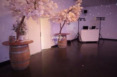 Deux tonneaux décorés de branches fleuries encadrent une piste de danse avec une table de DJ en arrière-plan.