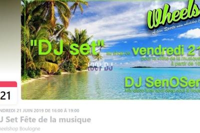 Affiche promotionnelle annonçant un DJ set pour la Fête de la Musique sur une plage tropicale avec palmiers.