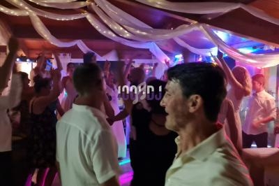 Groupe de personnes dansant sous des guirlandes lumineuses dans une salle décorée pour une fête.