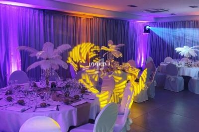Salle de réception décorée avec des tables rondes, nappes blanches, centres de table avec plumes et éclairage coloré.