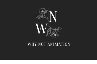 Logo avec les lettres W et N séparées par une branche fleurie, accompagné du texte ’Why Not Animation’ sur fond noir.
