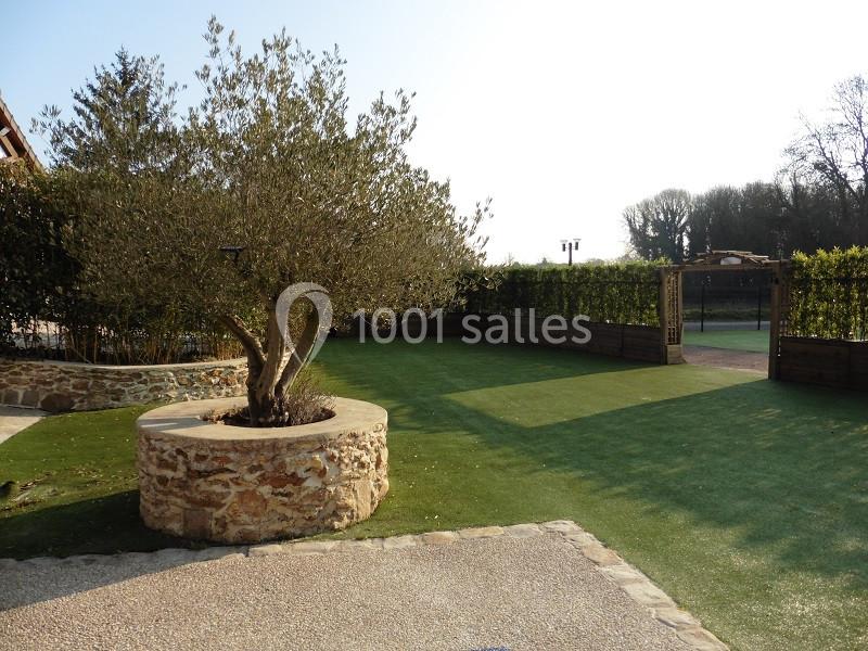 Cour avec un olivier planté dans un puits en pierre, entourée de pelouse synthétique et de haies.