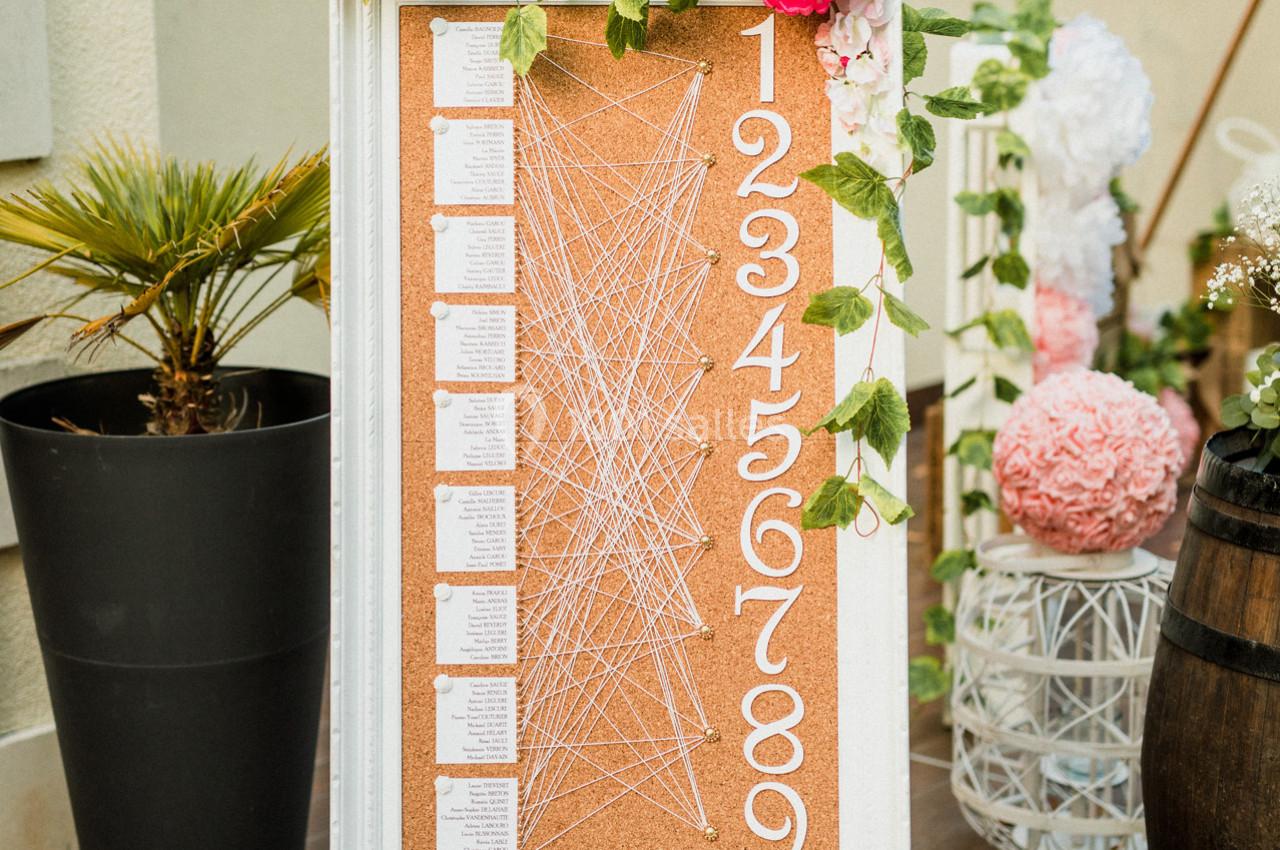 Panneau en liège avec des numéros et des fils reliant des cartes, décoré de fleurs et placé à l'extérieur.