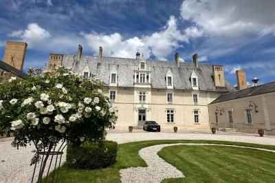 Façade d'un château avec une tour centrale et des fenêtres, entouré de végétation.