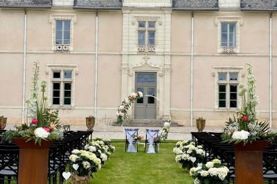 Façade d'un château avec une tour centrale et des fenêtres, entouré de végétation.