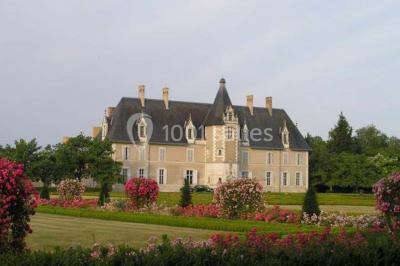 Façade d'un château avec une tour centrale et des fenêtres, entouré de végétation.
