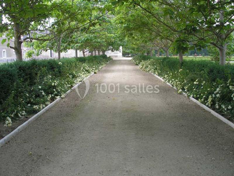Allée bordée de haies et de fleurs blanches, ombragée par des arbres, menant vers un bâtiment en arrière-plan.