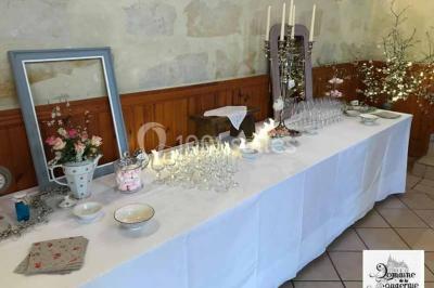 Miniature Location salle Saint-Paterne-Racan (Indre-et-Loire) - Domaine de la Fougeraie #11 Table dressée pour un repas festif dans une salle lumineuse, avec chaises décorées de nœuds rouges et vaisselle élégante.