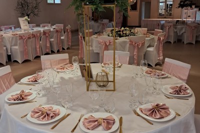 Cour extérieure ensoleillée avec des plantes en pots, des chaises en métal et un bâtiment à toit de tuiles en arrière-plan.