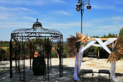 Cour extérieure ensoleillée avec des plantes en pots, des chaises en métal et un bâtiment à toit de tuiles en arrière-plan.