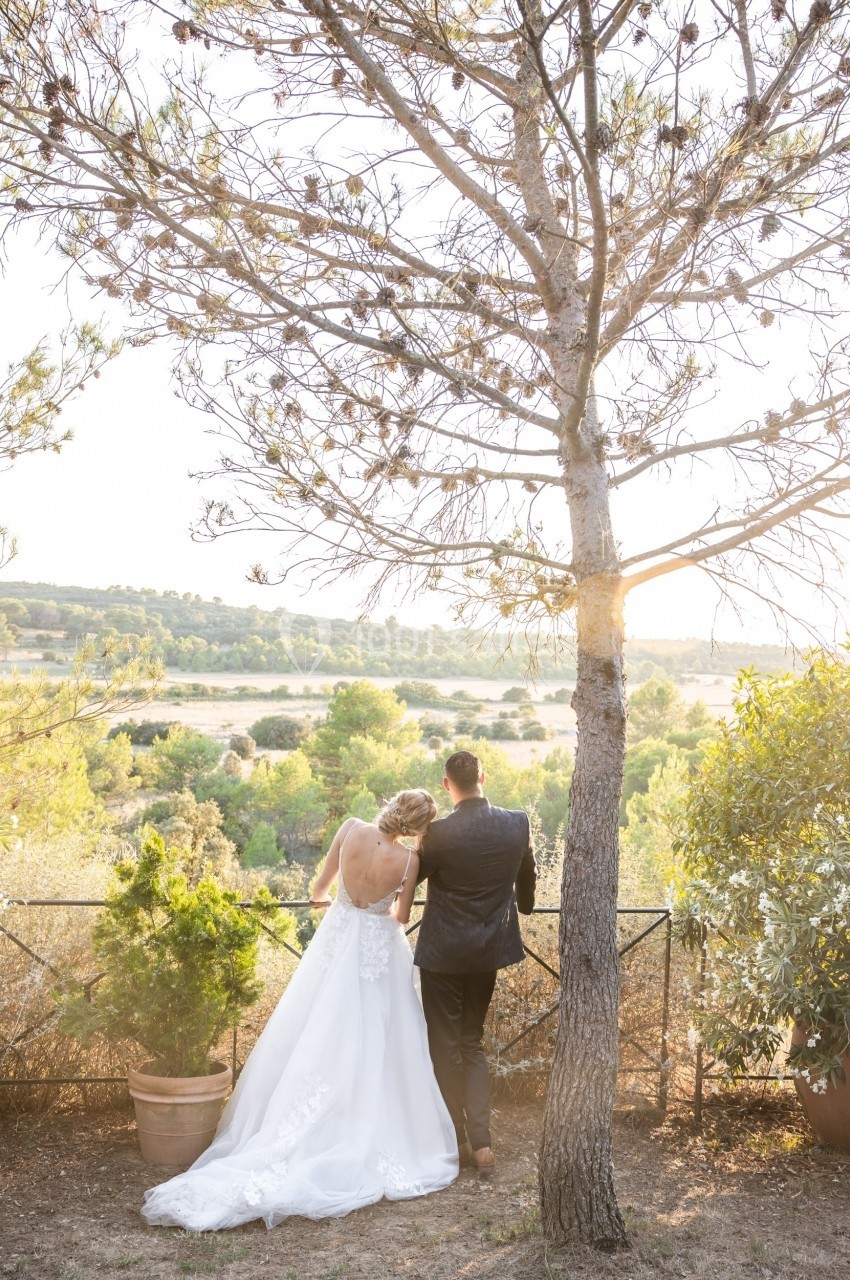 Un couple en tenue de mariage regarde un paysage naturel au coucher du soleil, près d'une clôture et d'arbres.