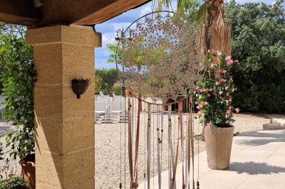 Cour extérieure ensoleillée avec des plantes en pots, des chaises en métal et un bâtiment à toit de tuiles en arrière-plan.