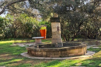 Cour extérieure ensoleillée avec des plantes en pots, des chaises en métal et un bâtiment à toit de tuiles en arrière-plan.