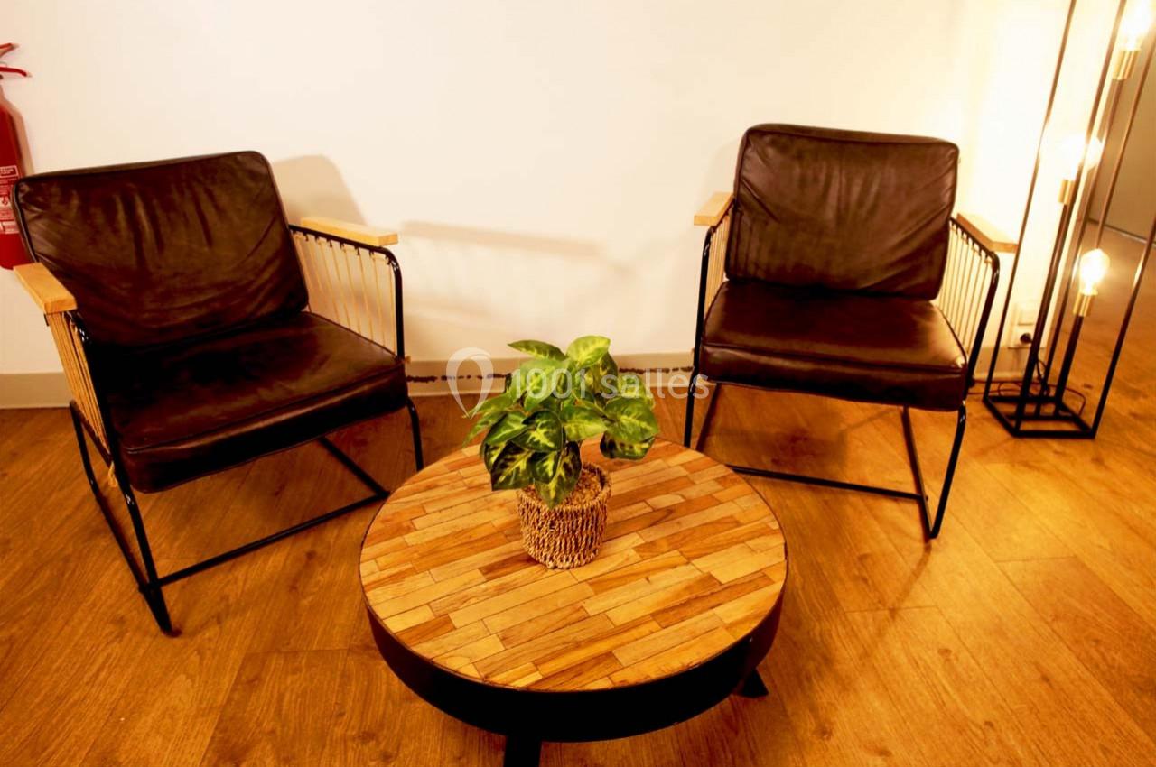 Deux fauteuils en cuir brun entourent une table basse en bois avec une plante verte, sur un sol en parquet.