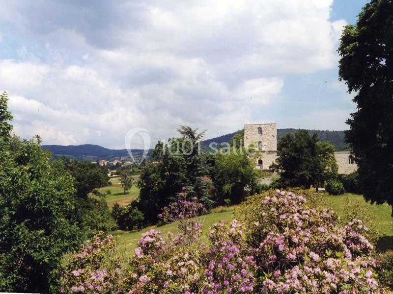 Vue d'un paysage rural avec des arbres, des fleurs violettes au premier plan et une tour en pierre entourée de verdure.