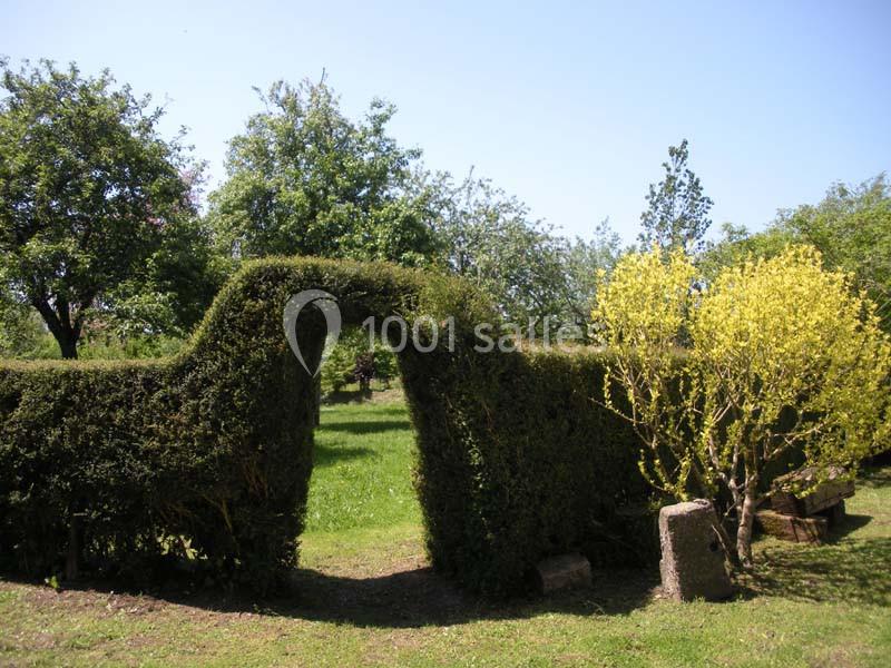 Haie taillée en arche entourée d'arbres et d'arbustes dans un jardin verdoyant sous un ciel dégagé.