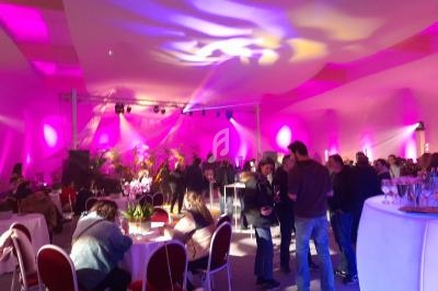 Salle éclairée de lumières roses avec des tables rondes, des invités debout ou assis, et une scène en arrière-plan.