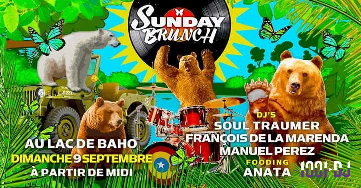 Illustration colorée avec des ours, une batterie, un véhicule militaire et des éléments tropicaux pour un événement musical.