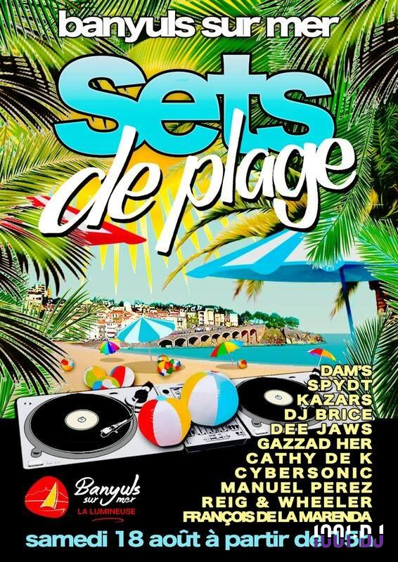 Affiche colorée annonçant un événement musical sur une plage avec palmiers, platines DJ et liste des artistes.