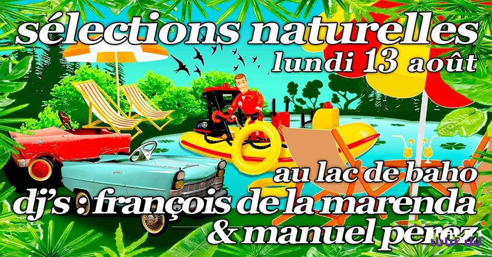 Illustration colorée avec des éléments estivaux : lac, bouée, transats, voiture rétro et texte annonçant un événement.